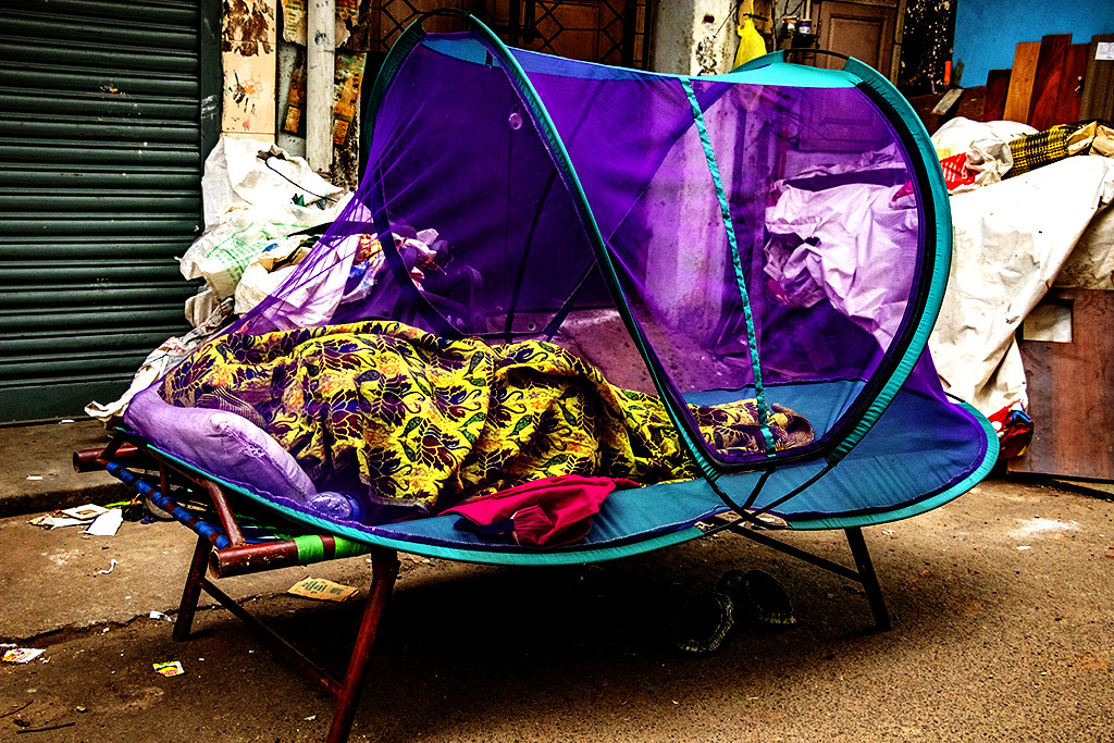 Woman sleeping on cot under mosquito netting at Karpura an… Flickr
