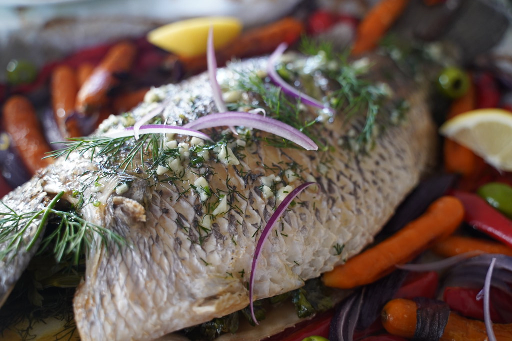 Julia's roasted barramundi with garlic dill butter close… Flickr