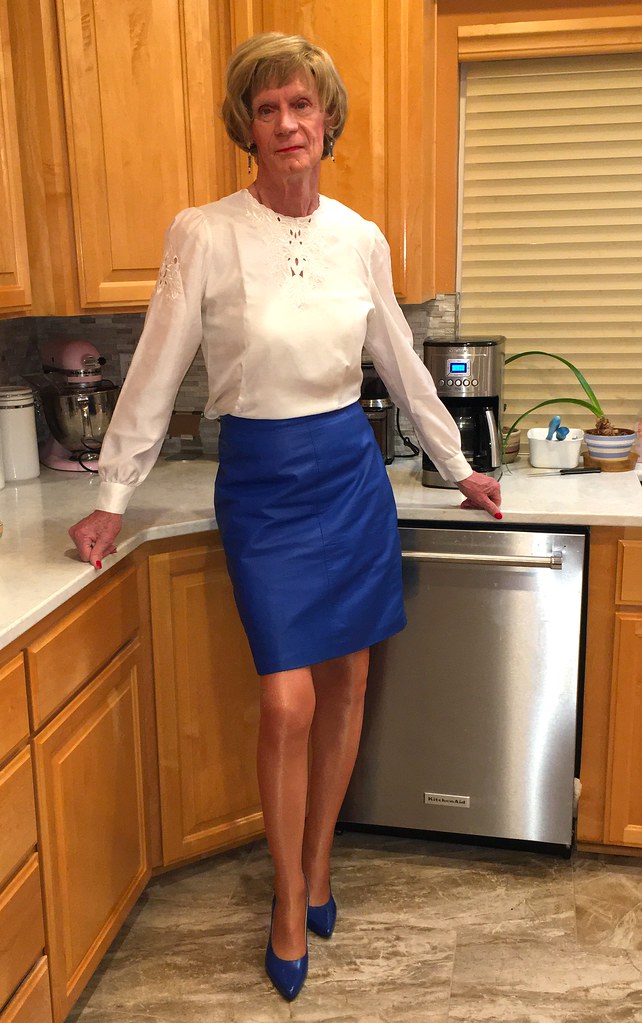 Blue leather skirt and vintage white blouse Jackie Thomas Flickr