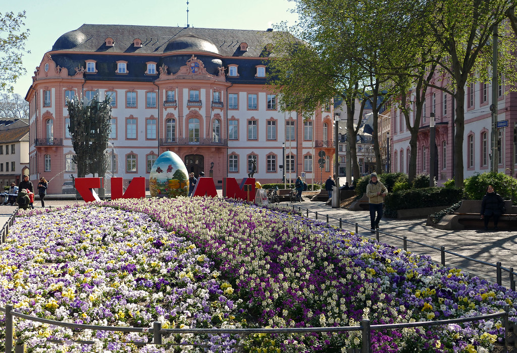 Mainz, Schillerplatz, Blumenbeetl und Osteiner Hof flower bed and