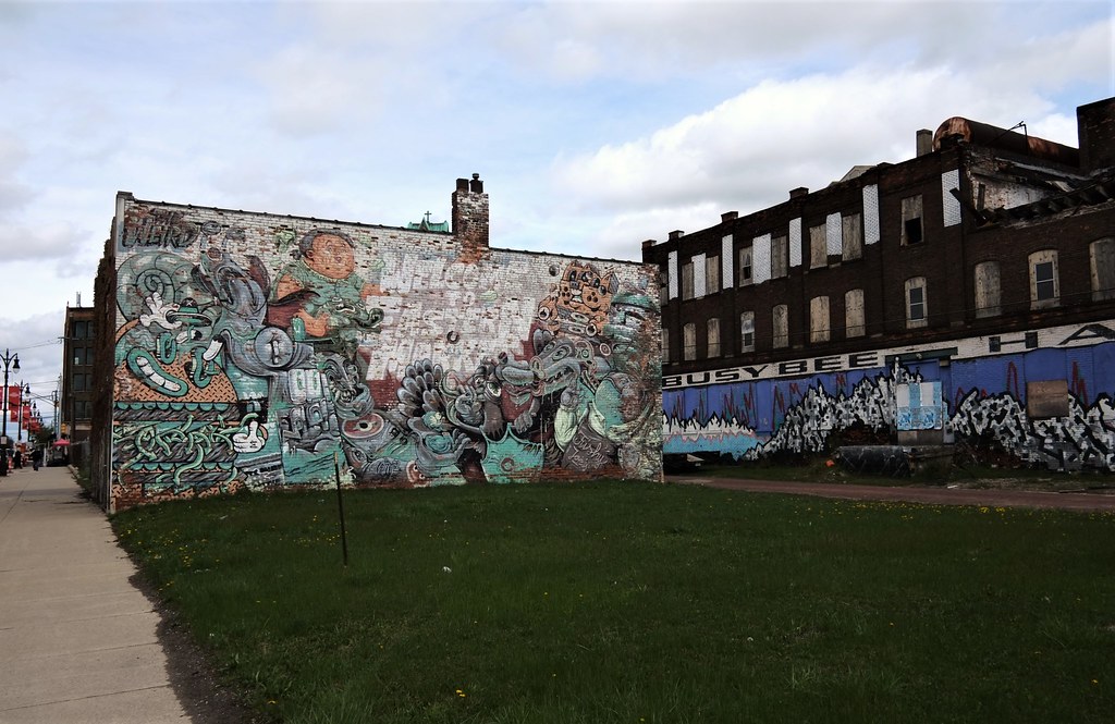 USA Detroit Michigan 2023 mural art and stabilized ruin of hardware