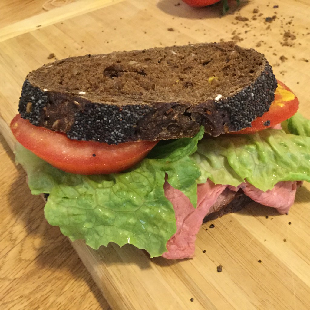 Roast beef on rye with mustard, lettuce and tomato Flickr