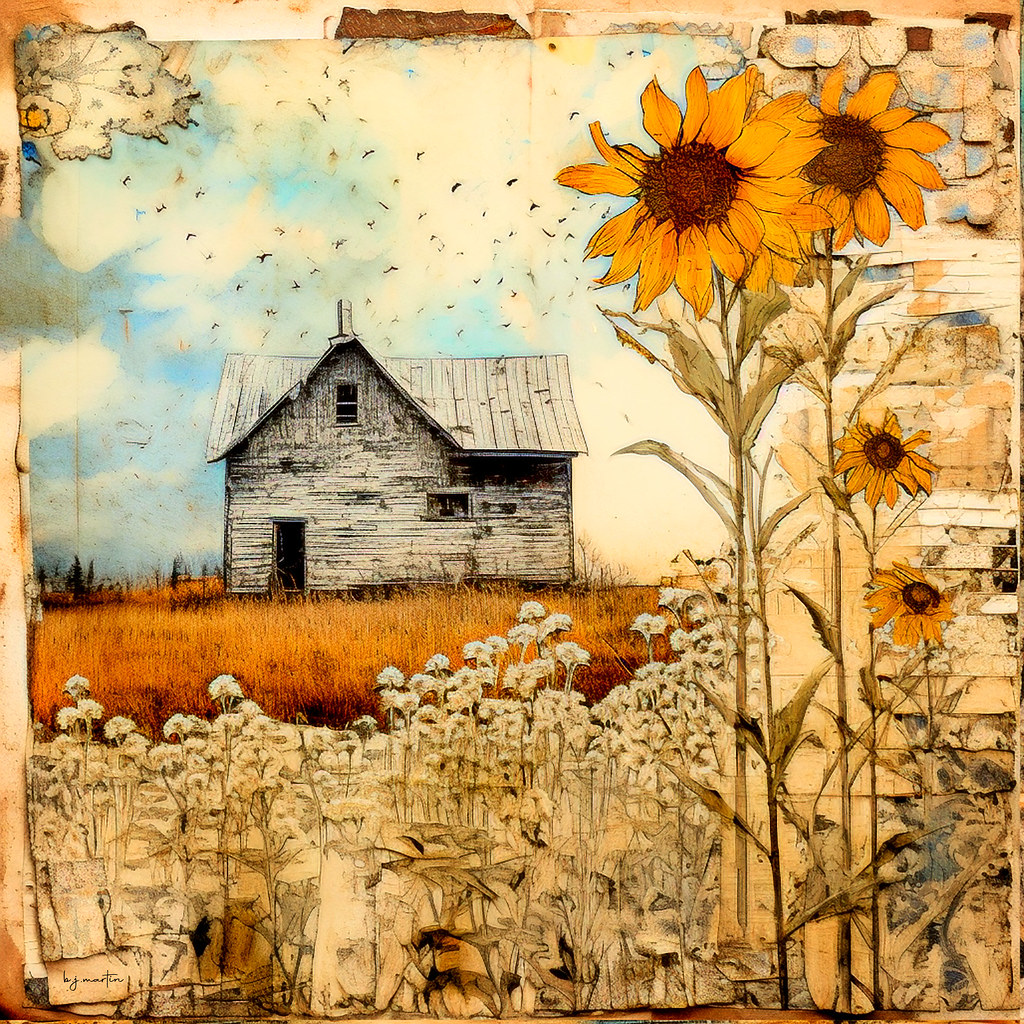 Mixed Media Old Farmhouse With Sunflowers Created for the… Flickr