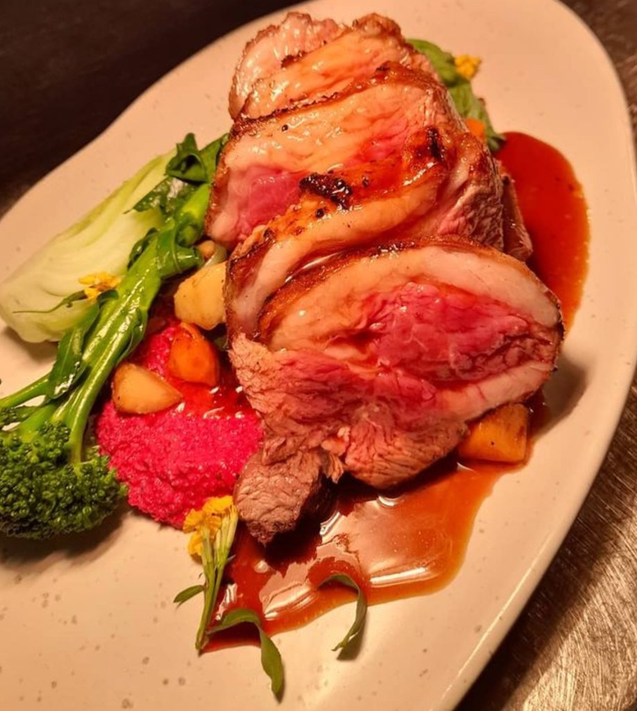 lamb loin on beetroot feta puree, restaurant Sharyn See Flickr