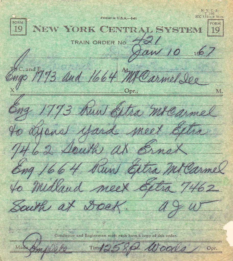 NYC Mt Carmel Train Order 421 New York Central form 19 tr… Flickr
