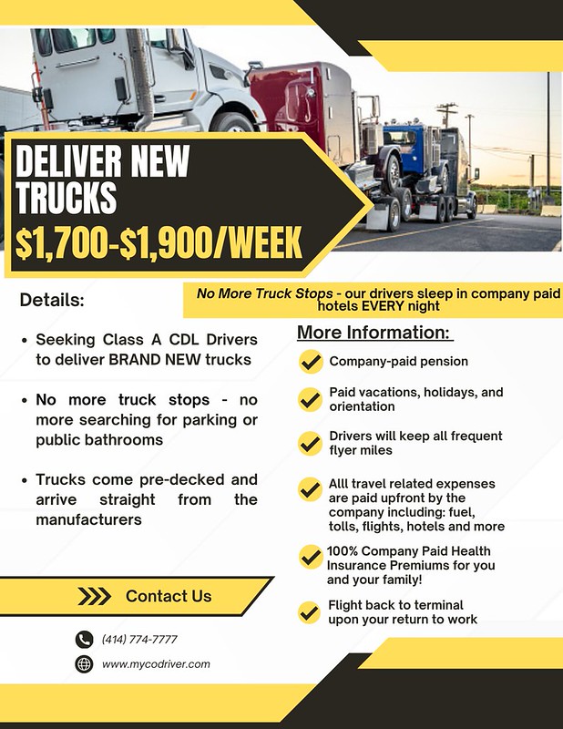 Deliver New Trucks Union Benefits 1,7001,900/wk transportation