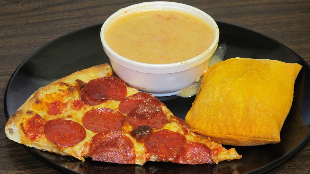 Pepperoni pizza, Jamaican beef patty, and carrot bisque Flickr
