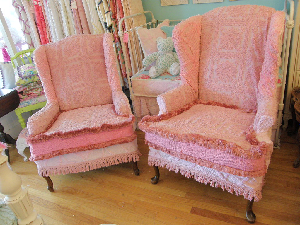 pink chenille slipcovered wingback chairs find me at www.v… Flickr