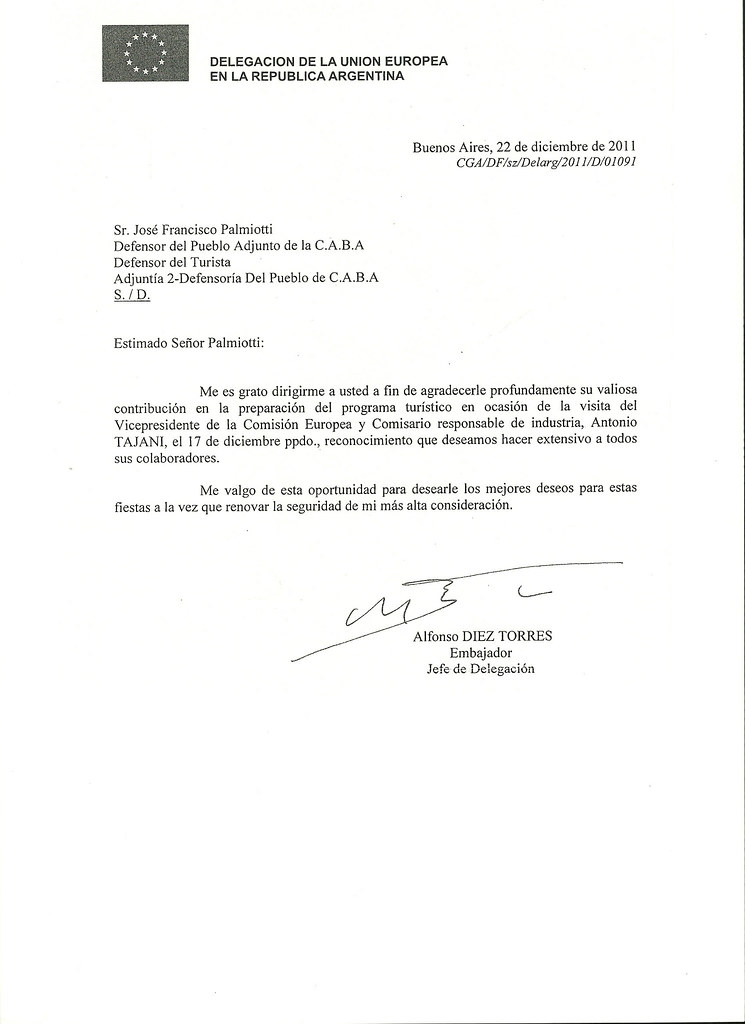Carta de agradecimiento del Jefe de Delegación y Embajador