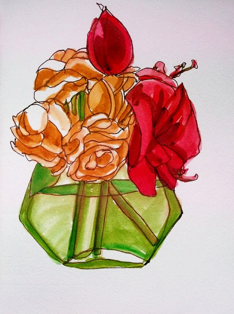 sketch1056 dying roses and amaryllis in green vase Sketch … Flickr