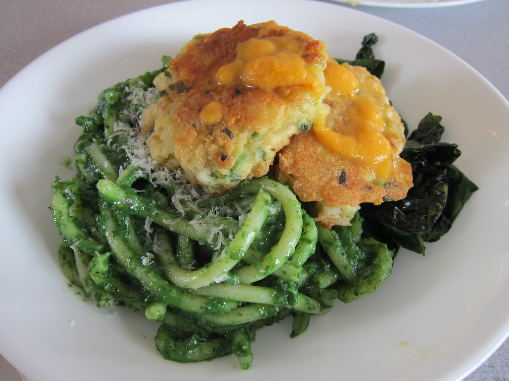 Salt Cod Cakes with Kale and Nettle Pesto Pasta Served wit… Flickr