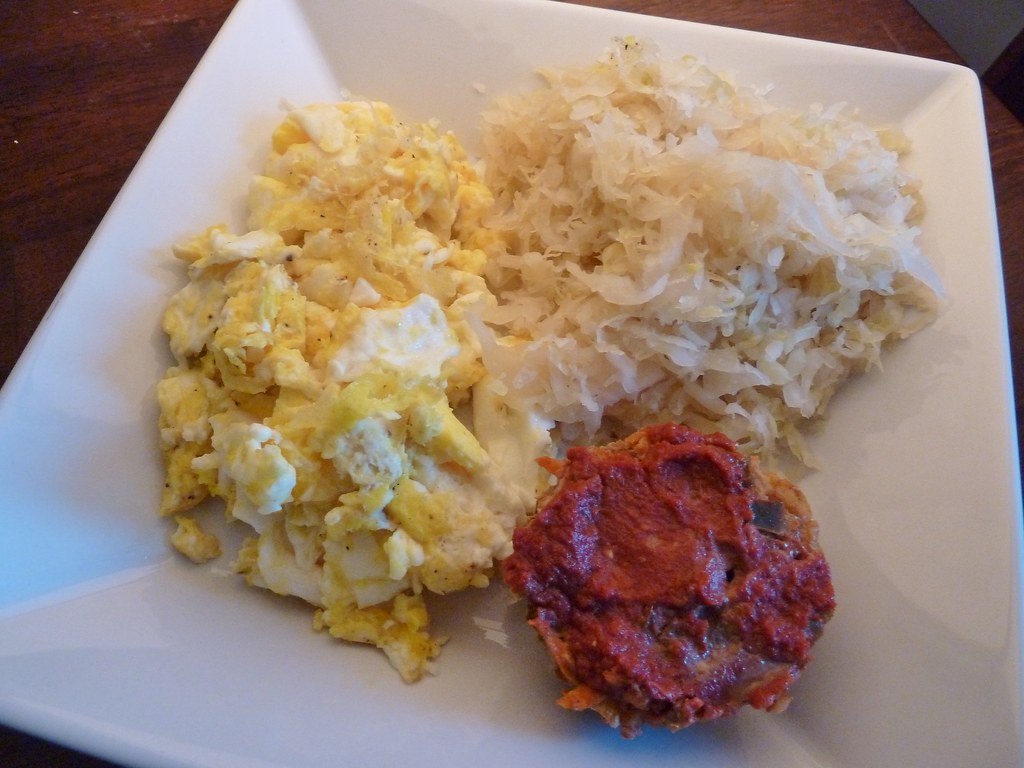 Whole30, Day 8 Breakfast scrambled eggs, sauerkraut, meat… Flickr