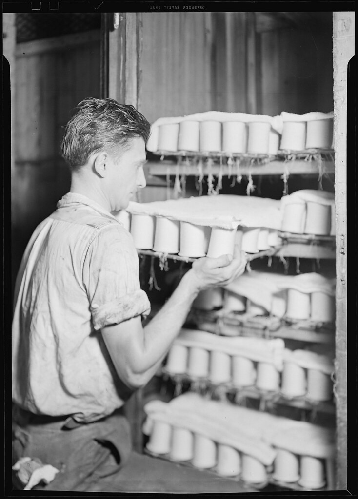 Bobbins being shelved prior to use on warping creel. Cloth… Flickr