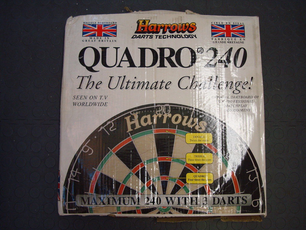 Harrows Quadro 240 bristle dartboard box front (signed dartboard) a
