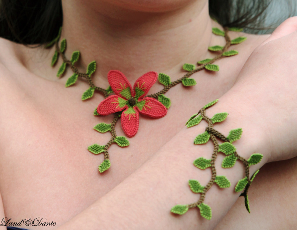 Needle lace oya necklace choker Ruby red crocheted silk flower in lime green leaf Elf's