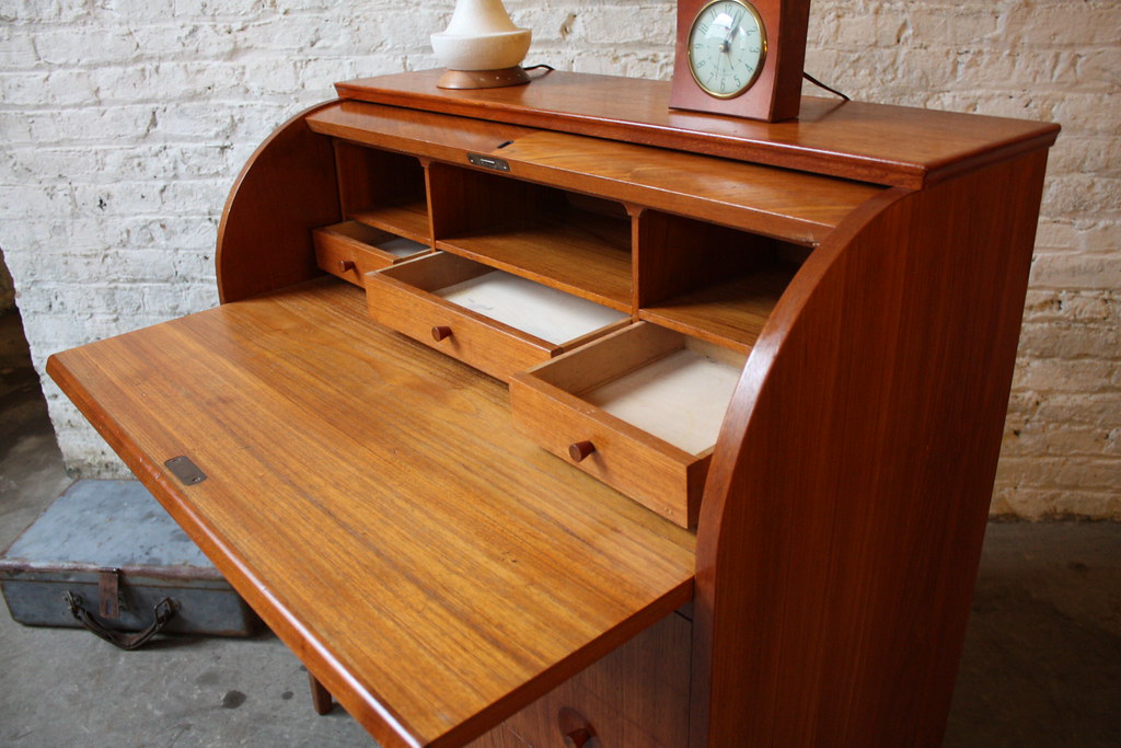 Delightful Danish Modern Teak Secretary Rolltop Desk (Sweden, 1960's