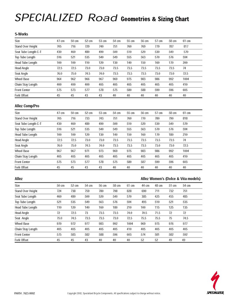 Specialized's 2002 Brochure size chart | Peter Yuskauskas | Flickr