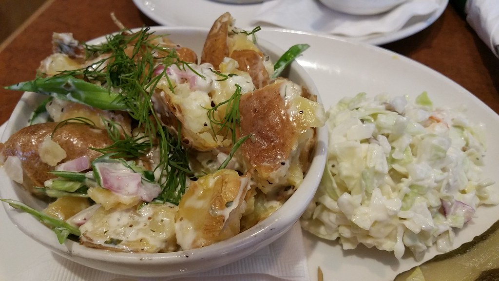 2016Jun24 White Spot warm potato salad and coleslaw Flickr
