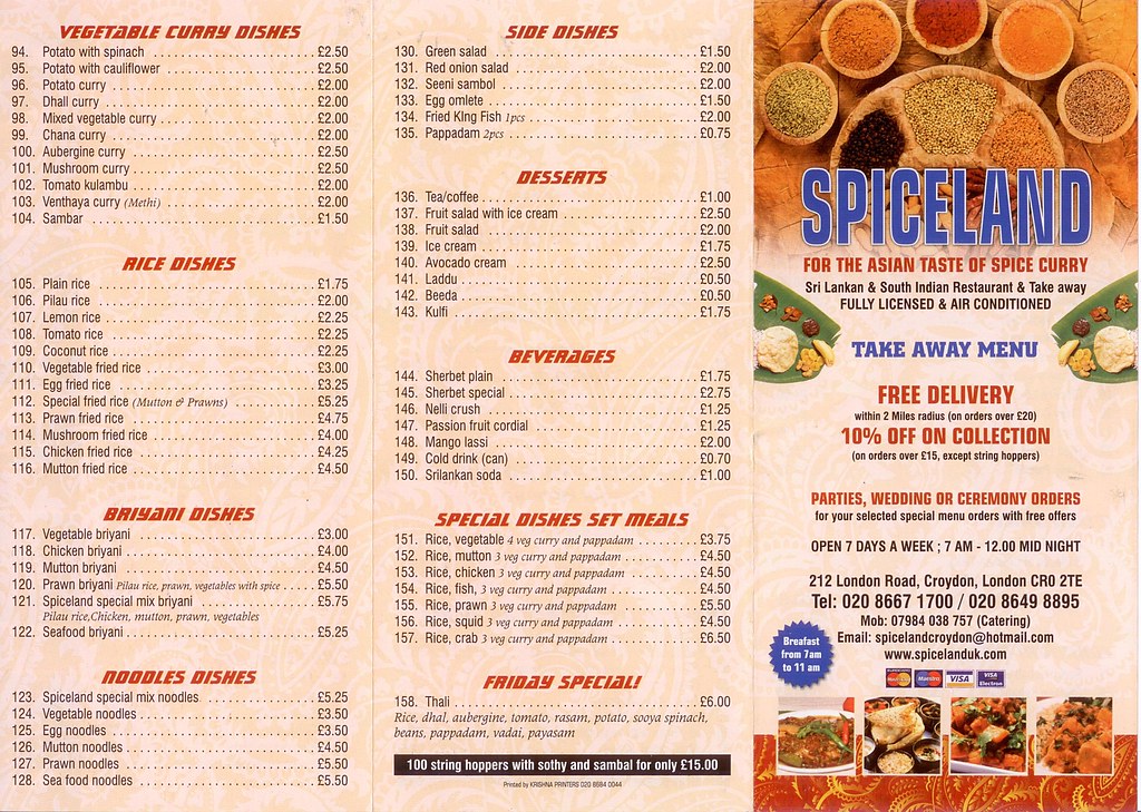 Takeaway menu (Feb 2012), Spiceland, Croydon, London CR0 a photo on