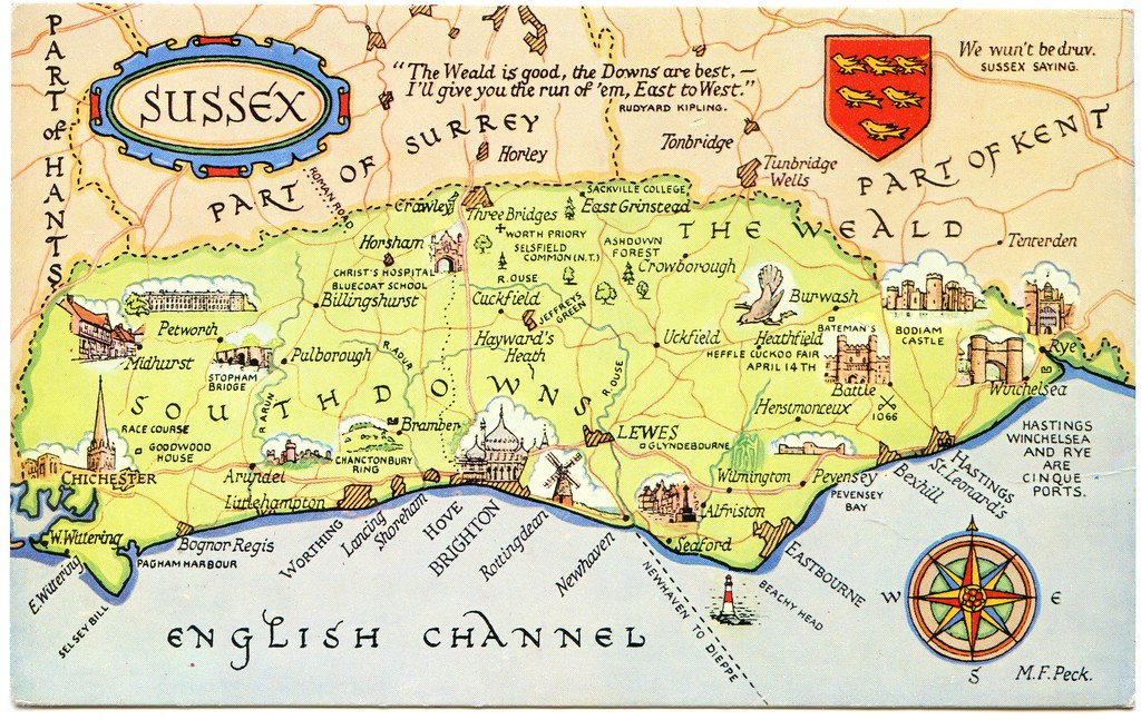 Kaart Sussex England Postcard map of Sussex Drawn by M F Peck. J Salmon, Ltd., … Flickr