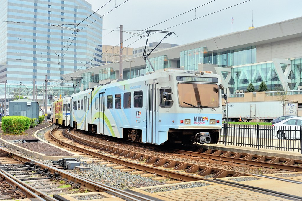 Northbound Baltimore, Maryland, MTA Light RAil train departs Camden