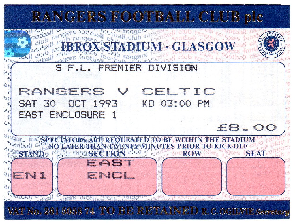 Rangers v Celtic Match Ticket League 30.10.1993 Rangers