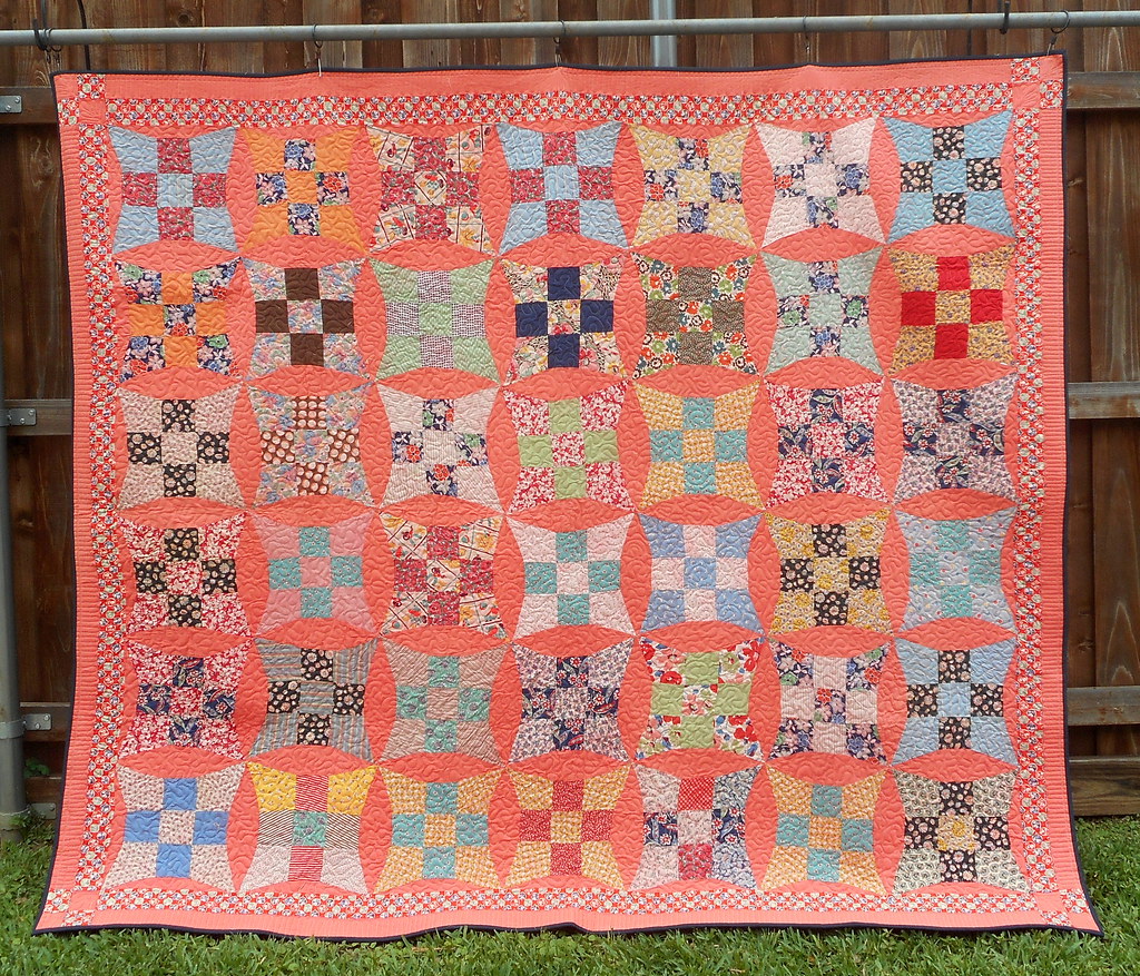 SALMON NINEPATCH ANTIQUE QUILT RESCUED BY DLQ KELLI BOYER DAVIS