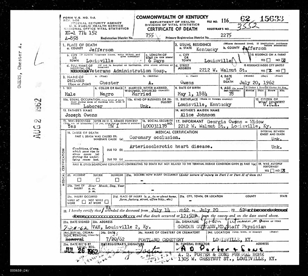 Kentucky, Death Records, 18521963 for Chester A. Owens Flickr