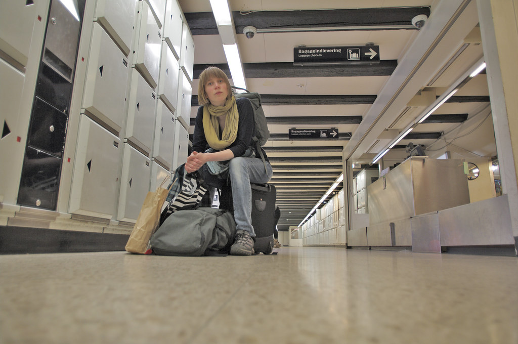 Lockers Copenhagen central station picking up our bags Nick