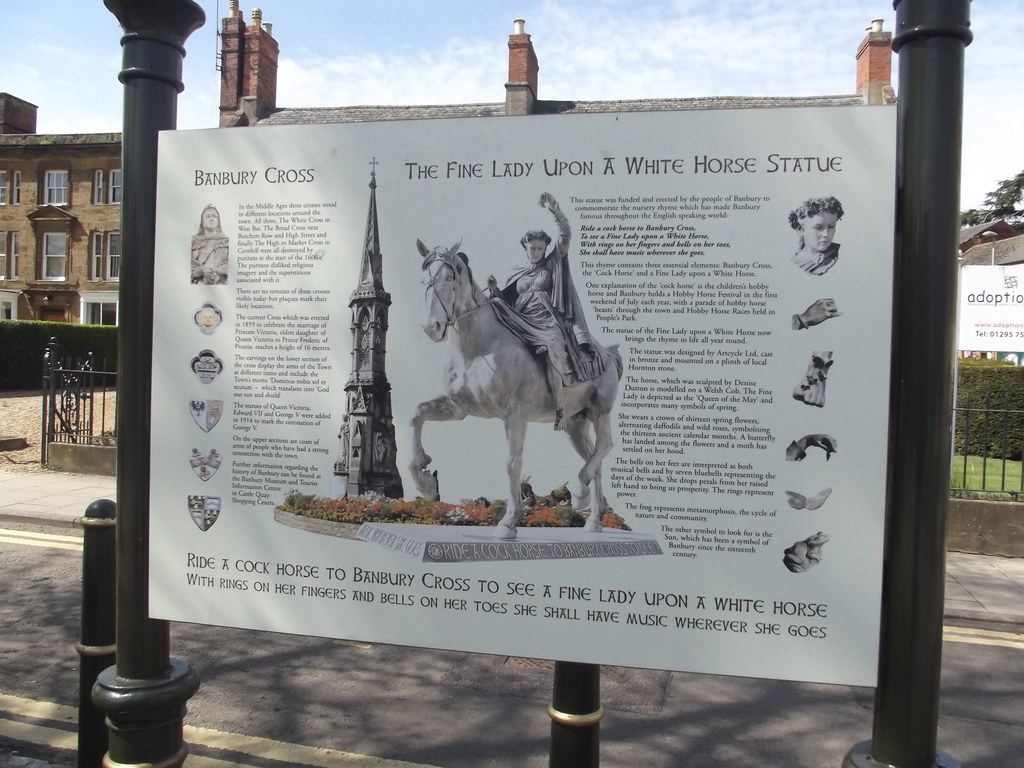 The fine lady upon a White Horse statue Banbury Cross sign a