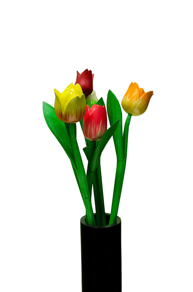 Carving wooden tulip in vase isolated on white background Flickr