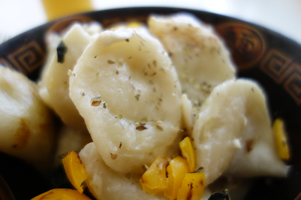 Homemade Microwaved and fried perogies with Yellow Peppe… Flickr