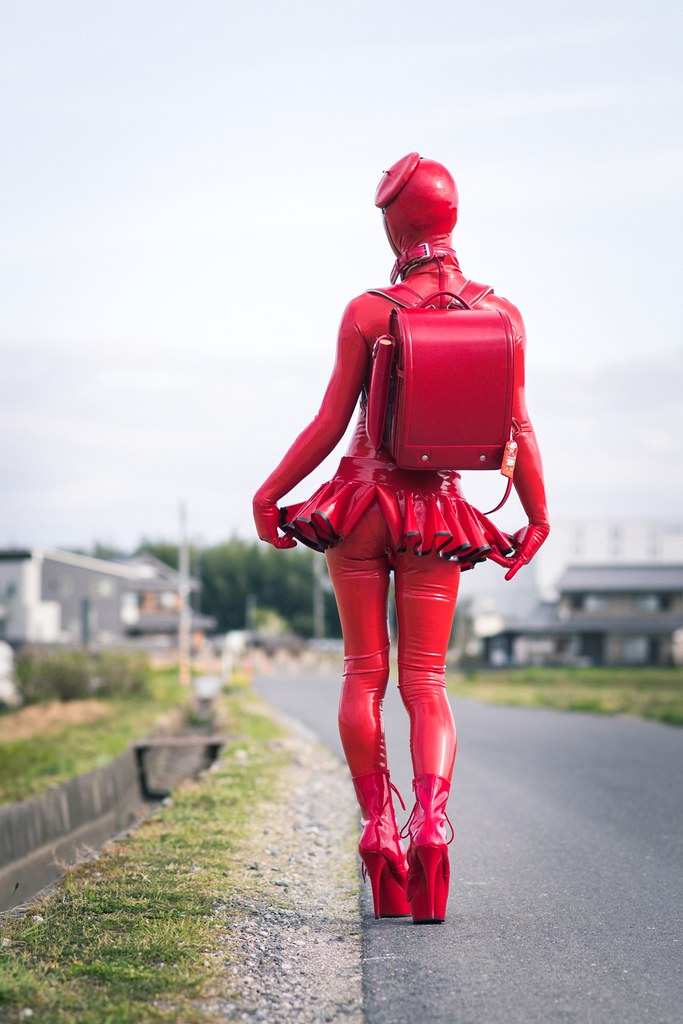 Red Heavy Rubber Clothing with Red Randoseru in Public Flickr