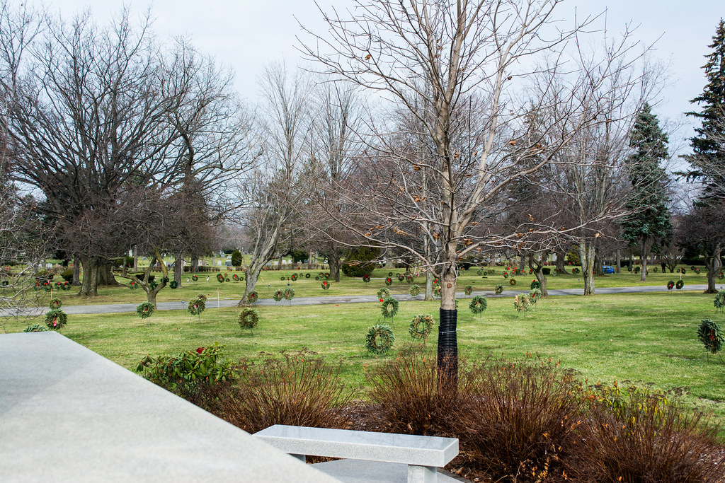 Christmas wreaths on graves 03 Acacia Park Cemetery Flickr