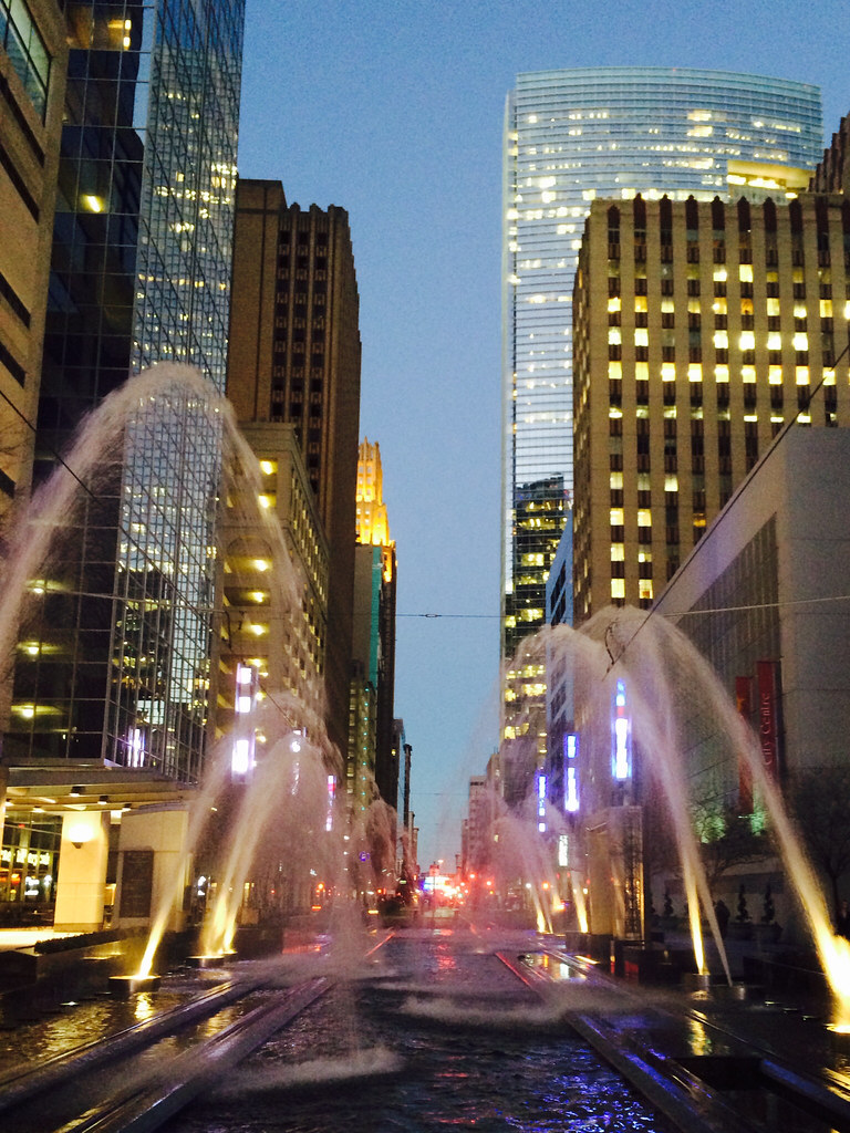 Main Street Square fountains at dusk. Main Street Square, … Flickr