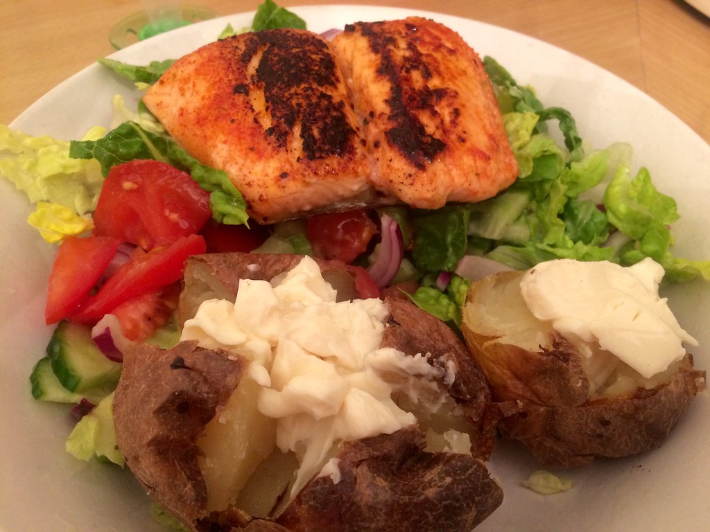 Salmon, jacket potato, salad PartySpanner Flickr