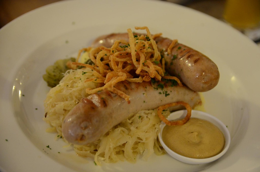 Bratwurst, sauerkraut, mashed potato AUD26.50 Hofbrauhau… Flickr