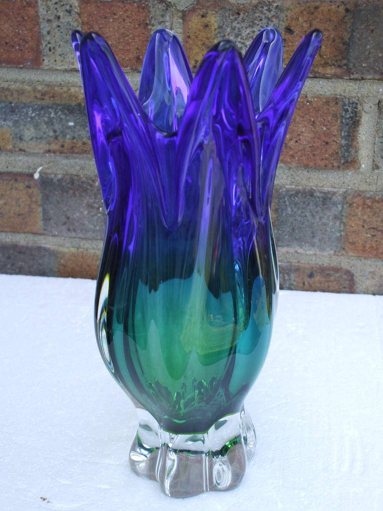 Large 1970's Murano Glass Vase Blue & Green Retro Mid Century Modern