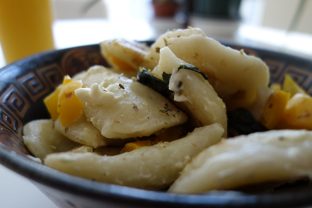 Homemade Microwaved and fried perogies with Yellow Peppe… Flickr