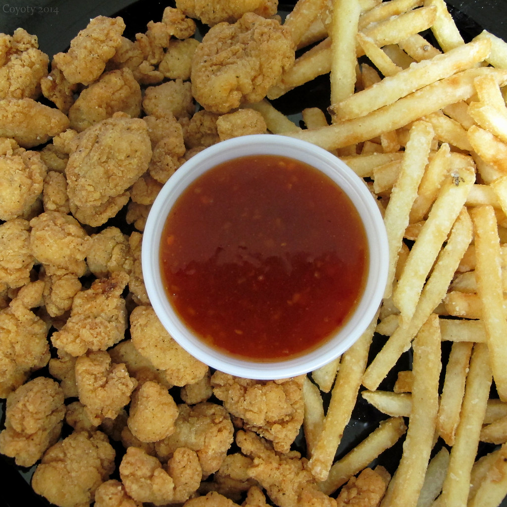 Popcorn chicken and fries with sweet chili sauce From the … Flickr