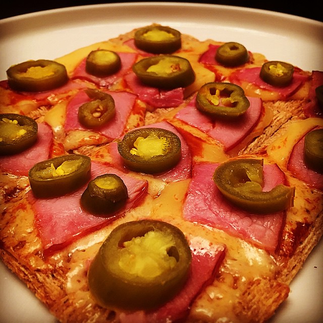 Havarti, ham, hot sauce and... halapeño on Triscuits. Flickr