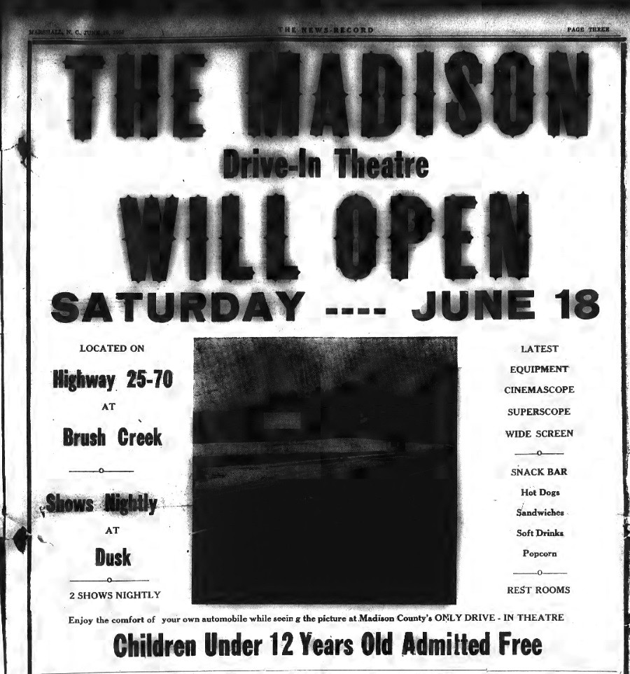 Madison_DriveIn_Grand_Opening_Ad_Marshall_NC_1955 Flickr