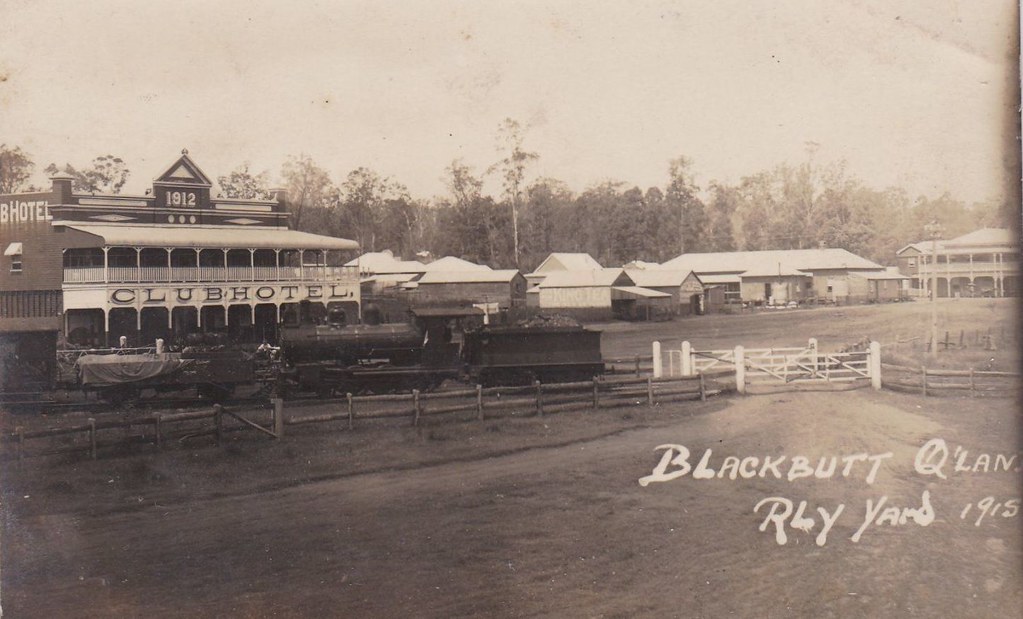 Club Hotel and Railway Yards at Blackbutt, Qld 1915 a photo on