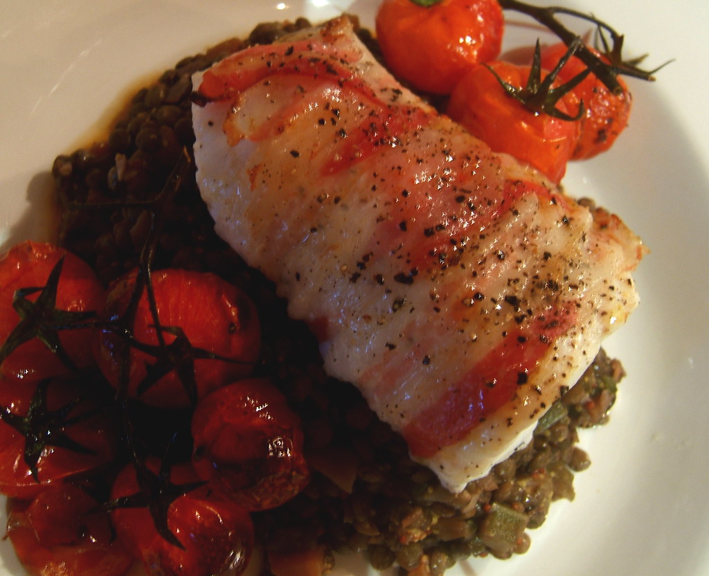 Fish and lentils Pancettawrapped cod with roasted vine to… Flickr