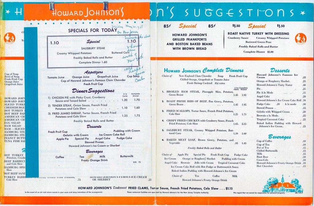 Howard Johnson's menu open New Jersey Turnpike NJ marked 1… William