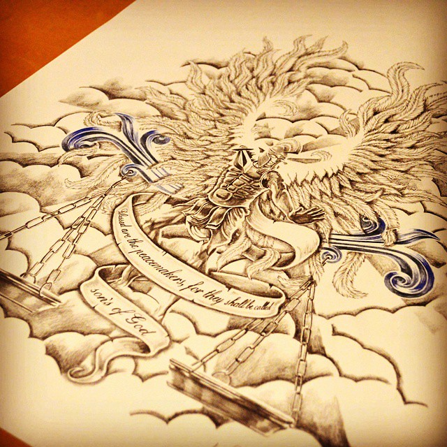 Fully finished Saint Michael tattoo design featuring the scales of