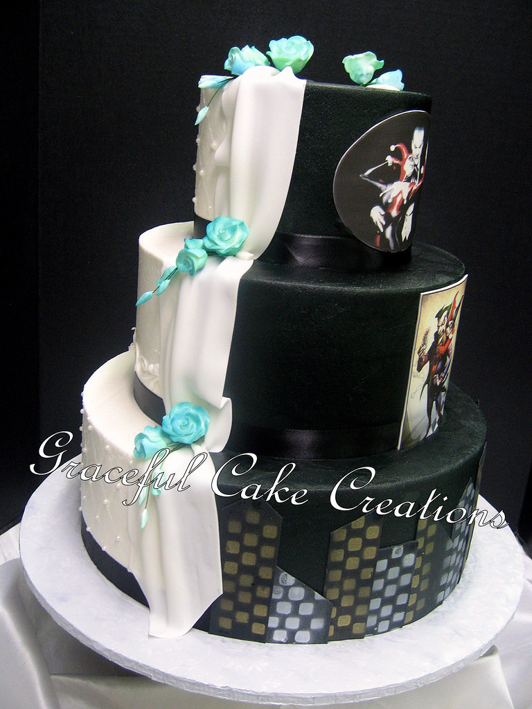 Bride and Groom Wedding Cake with Joker and Harley Quinn Theme a