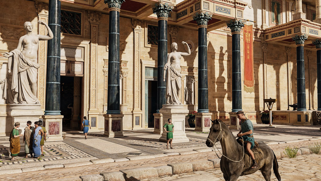 A horseman approaches the entrance to the Great Library of Alexandria