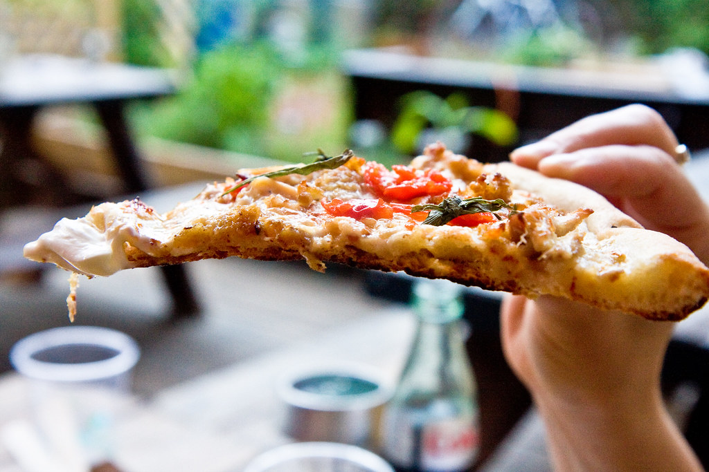 Pretzel parm pizza with garlic chip bechamel, smoked gouda… Flickr