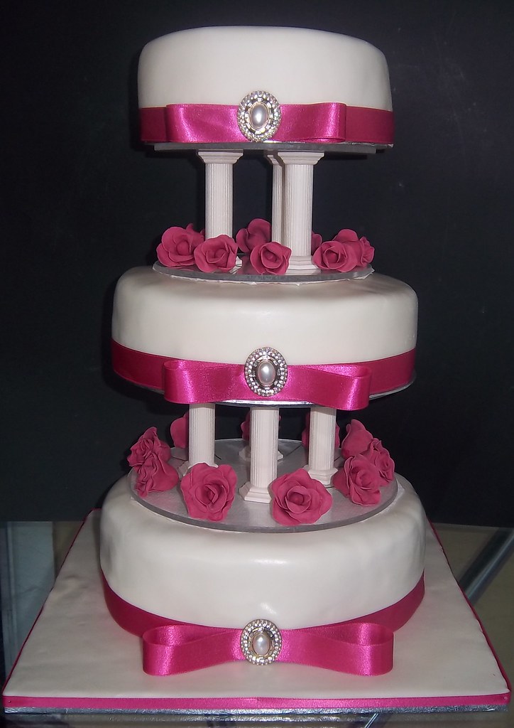 3 Tier Wedding Cake with Pillars and raspberry handmade ro… Flickr